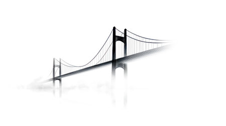 Minimalist line art depiction of a long suspension bridge emerging from a thick fog, creating a dramatic and evocative scene with copy spaceの素材