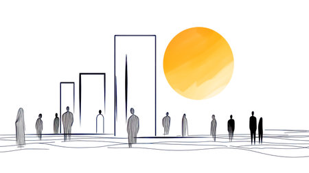 Minimalist illustration depicting people enjoying an open air festival at sunset, with vibrant booths and a large sun setting in the background, creating a joyful atmosphereの素材