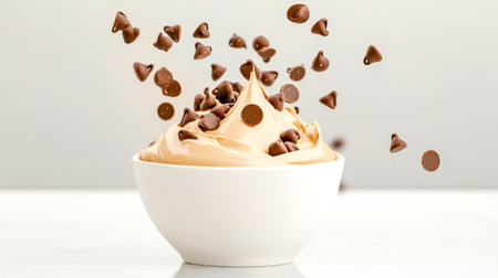 Chocolate chips are falling and bouncing on a creamy chocolate pudding or mousse in a white bowl on a white table with a light gray backgroundの素材
