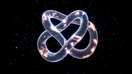 Complex white and orange glowing mesh structure resembling two intertwined rings floating in deep space surrounded by stars, representing infinity, connection, and cosmic energyの素材