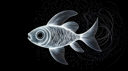 Whimsical white line art illustration depicting a glowing fish swimming gracefully through a dark, starry night sky, evoking a sense of wonder and enchanting magicの素材