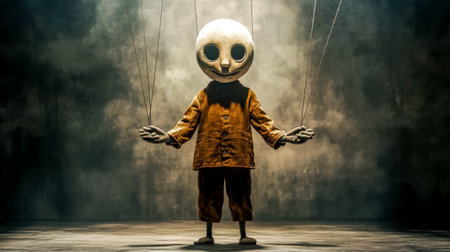 Creepy puppet with a large round head and vibrant orange clothing standing on stage. Manipulated by a master using strings. Surrounded by a dark. Smoky atmosphere that enhances the eerie performanceの素材