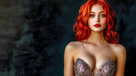 Gorgeous redhead model posing in a glamorous sparkling strapless dress against a textured dark background, creating a captivating and stylish portraitの素材