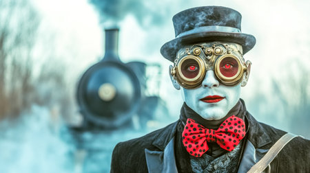 Steampunk cosplayer with white makeup, red lips, goggles and top hat posing near a steam train in a winter landscape, creating a captivating and surreal sceneの素材
