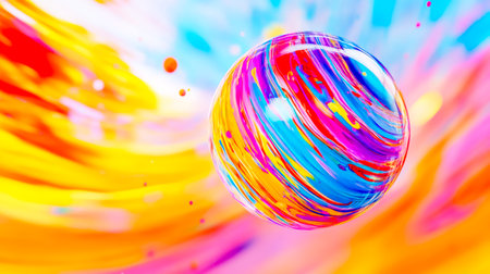 Colorful sphere with swirling paint strokes rotates against a backdrop of vibrant, abstract colors, creating a dynamic and visually captivating sceneの素材
