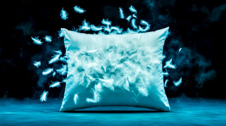 White pillow bursting open with feathers flying around against a dark background, creating a dramatic and surreal atmosphere, ideal for concepts related to sleep, dreams, comfort, and relaxationの素材