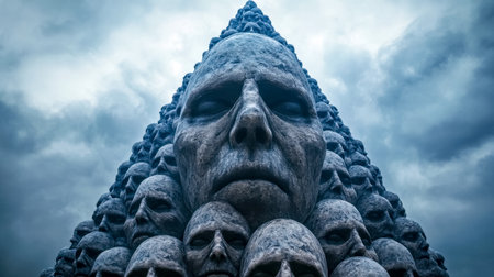 Towering pyramid of countless human heads creating a larger central face, symbolizing collective consciousness and humanity's interconnectedness under a dramatic skyの素材