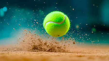 Bright fluorescent yellow tennis ball bouncing on a clay court, raising dust particles against a blurred blue background, capturing the dynamic energy of the sportの素材