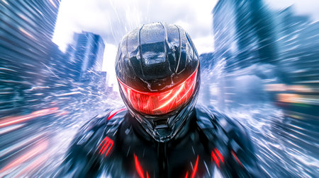 First person view of a futuristic motorcyclist speeding through a stormy city, rain blurring the surroundings as they navigate the urban landscape at exhilarating velocityの素材