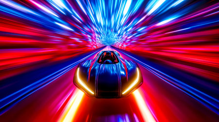 Futuristic car speeding through a vibrant tunnel illuminated by dynamic neon lights, creating a sense of rapid acceleration and technological advancementの素材