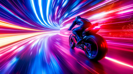 Motorcyclist racing at high speed through a tunnel, surrounded by vibrant neon lights, creates a dynamic and futuristic atmosphere filled with energy and motionの素材