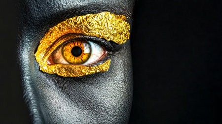 Golden makeup framing a hazel eye on a black skin face, creating a stunning contrast that accentuates the eye's beauty and adds an element of luxury and glamorの素材