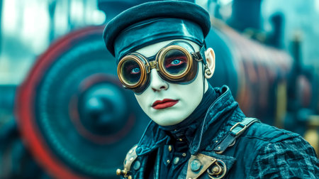 Cosplayer wearing steampunk goggles, makeup, and attire poses in front of a blurred train engine, showcasing intricate details and embodying the retro futuristic aestheticの素材