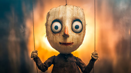 Creepy, childlike puppet hanging by strings, featuring large, unsettling eyes and a stitched smile, creates an eerie atmosphere in a dimly lit, orange glow settingの素材