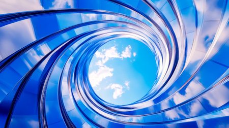 Dynamic fpv drone perspective captures a mesmerizing glass vortex structure spiraling upwards towards a clear blue sky dotted with fluffy white clouds, creating a stunning visual contrastの素材