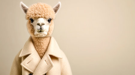 Alpaca wearing a stylish and contemporary beige coat is posing against a minimalist beige background, creating a fashionable and elegant portrait with copy spaceの素材