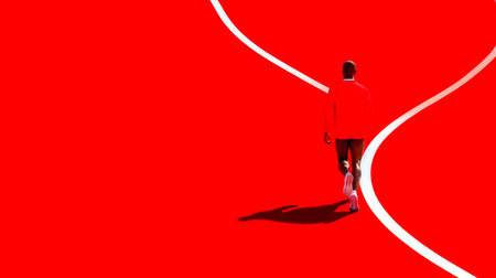 Athlete is walking away from the viewer on a bright red track with white lines, suggesting a sense of individuality and determination in sports trainingの素材