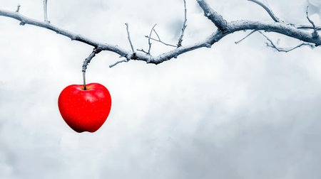 Single bright red apple hangs from the branches of a bare tree against a misty, ethereal background, creating a stark contrast between life and decay, nature and the unknownの素材