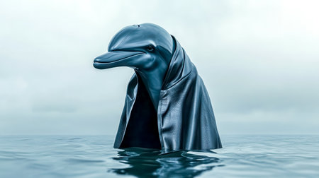 Dolphin wearing a sleek, dark leather coat emerges from the ocean on a misty day, creating a surreal and captivating scene filled with intrigue and mysteryの素材
