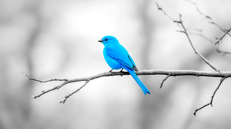 Small, vibrant blue bird perches serenely on a bare, grayscale tree branch, creating a striking contrast against the soft focus backgroundの素材