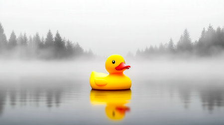 Bright yellow rubber duck floating serenely on a misty lake surface, with a desaturated forest backdrop creating a striking contrast and a surreal atmosphereの素材