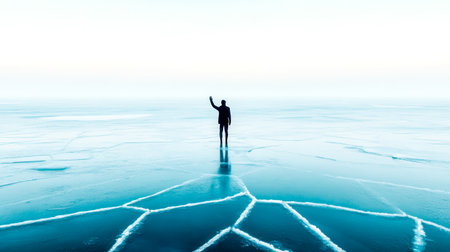Lone man stands on a vast frozen lake, waving amidst a serene winter wonderland, the icy surface cracked beneath his feet, creating a mesmerizing patternの素材