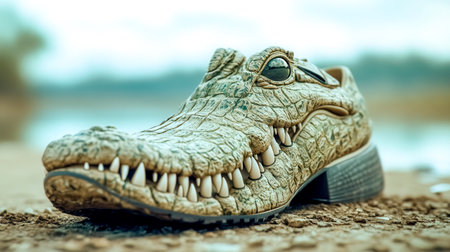 Crocodile shaped shoe resting on a riverbank, highlighting a unique and eye catching design that blurs the boundaries between fashion and wildlife, blending style with nature's artistryの素材