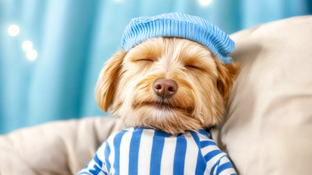 Adorable small dog snuggled in striped pajamas and a nightcap, sleeping peacefully on a cozy sofa, enjoying a tranquil moment of rest and relaxation in a warm home environmentの素材