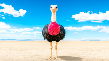 Ostrich wearing a fashionable pink leather scarf stands proudly in a vast desert landscape under a bright blue sky with fluffy white clouds, creating a surreal and humorous sceneの素材
