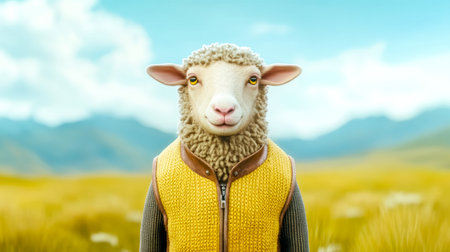 Digitally enhanced image of a sheep wearing a stylish yellow vest and standing in a golden meadow with majestic mountains in the background, evoking a sense of peaceful rural lifeの素材