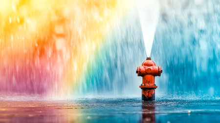 Water spraying from a broken fire hydrant creates a colorful scene with rainbow hues in the background, suggesting a vibrant and refreshing momentの素材