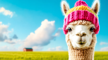 Cheerful alpaca wearing a colorful knitted beanie and scarf is standing in a green field with a blue sky and fluffy clouds in the background, creating a heartwarming and humorous sceneの素材