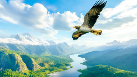 Eagle soaring gracefully over a stunning mountain valley, revealing a tranquil lake below and capturing the essence of nature's beauty and the exhilarating freedom of flightの素材