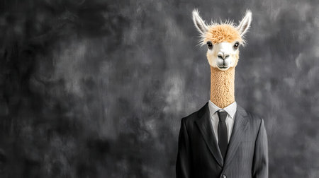 Alpaca dressed in a business suit and tie striking a pose against a dark background, creating a humorous and surreal scene that blends whimsy with corporate flairの素材