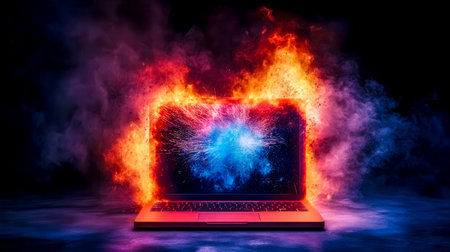 Laptop burning in flames and smoke with blue explosion on screen representing computer failure, data loss, cyber attack, or other digital disasterの素材