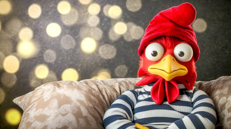 Sleepy chicken wearing striped pajamas and a nightcap is sitting on a comfortable sofa, conveying a sense of relaxation and rest against a backdrop of soft, glowing lightsの素材
