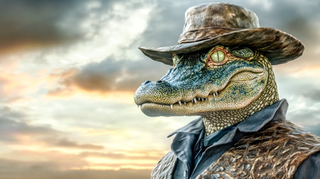 Anthropomorphic alligator dressed in cowboy attire, featuring a leather vest and hat, striking a pose against a stunning sunset backdrop, creating a whimsical and imaginative sceneの素材