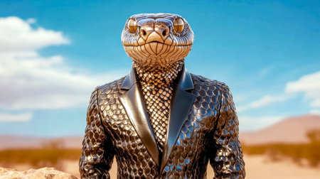 Stylish snake wearing a tailored leather jacket stands confidently in a desert landscape, creating a surreal and fashionable juxtaposition against the arid backdropの素材