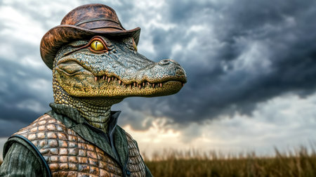 Anthropomorphic alligator, dressed in a stylish leather vest and hat, enjoying a stunning sunset in a picturesque countryside field beneath a dramatic, cloud filled skyの素材