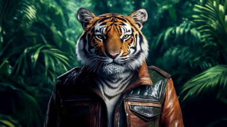 Tiger confidently stands in a lush jungle, wearing a leather jacket that mimics its natural stripes. The fusion of wildlife and fashion creates a striking visual contrastの素材