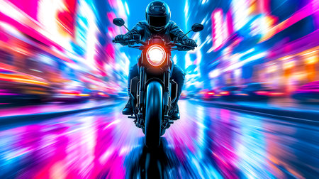 Motorcyclist speeding through a vibrant urban street, surrounded by neon lights and dynamic motion blur, capturing the energy and excitement of nightlife in a bustling cityscapeの素材