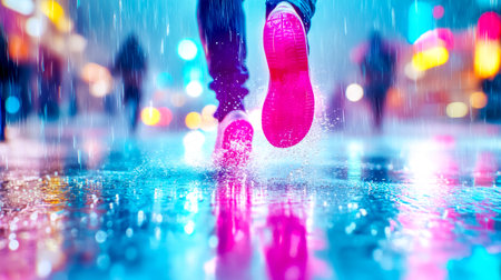 Athlete is running through a rainy city street at night, wearing bright pink sneakers, with colorful lights reflecting in puddles on the groundの素材