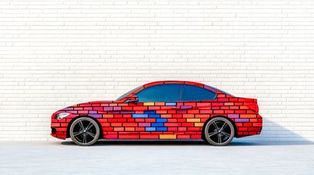 Red sports car featuring a colorful brick pattern camouflage parked against a matching white brick wall, creating a visually striking juxtaposition and a sense of playful disguiseの素材