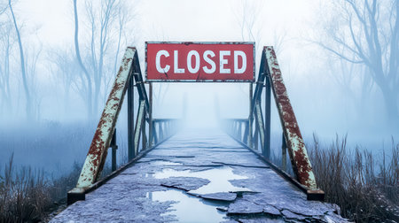 Old and rusty cracked bridge with a closed sign indicating restricted access, surrounded by a foggy winter landscape, creating a mysterious and eerie atmosphereの素材