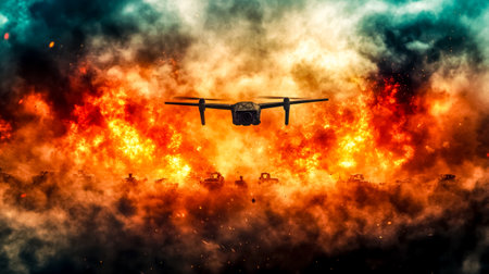 Military drone soaring above a chaotic battlefield, capturing the intense scene of burning vehicles and explosive blasts, emphasizing the harsh realities of conflict and destructionの素材