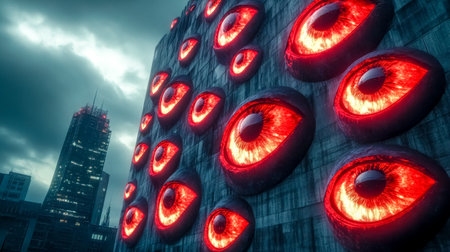 Numerous glowing red eyes cover the facade of a massive building, creating a sense of surveillance and unease in a cityscape under a dark and cloudy skyの素材