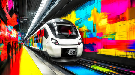 White modern passenger train arriving at a vibrant platform in a subway station, showcasing dynamic motion with a blur effect, capturing the energy of urban transportationの素材