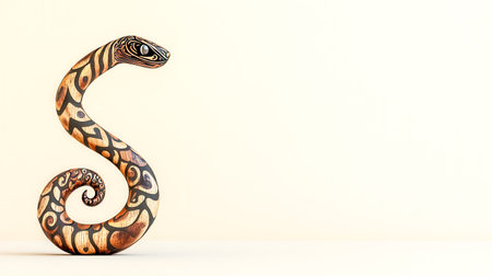 Wooden snake statue with tribal ornaments forming an s shapeの素材