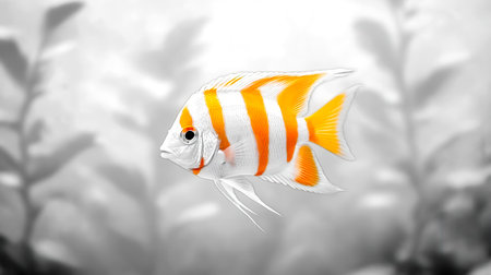 Tropical fish swimming in black and white aquariumの素材