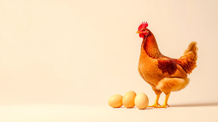 Brown hen standing beside freshly laid eggs on cream backgroundの素材